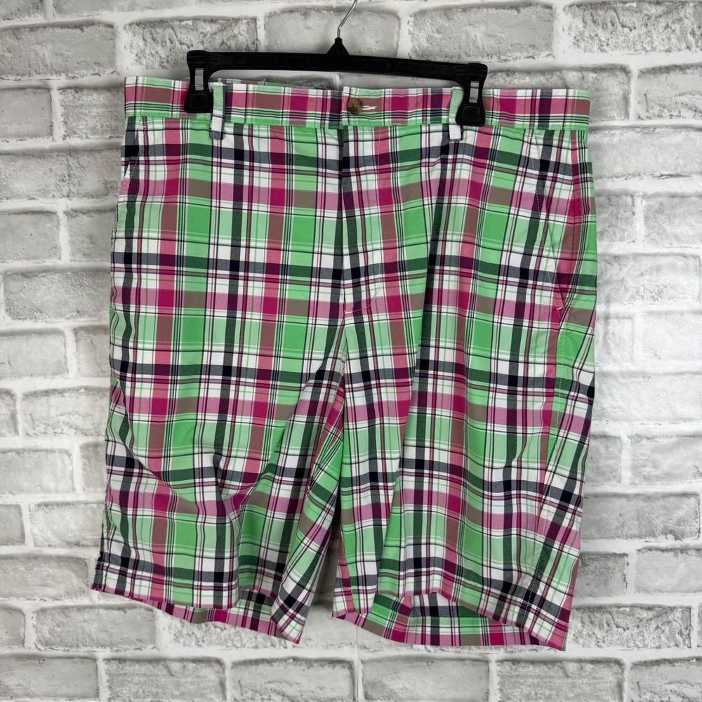 FootJoy Mens Performance Golf Shorts Green Pink Plaid 36 x 9" Flat Front FJ Logo